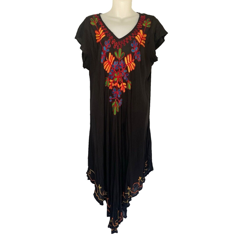 Embroidered Colorful Boho Dress High Low Midi One Size Art Floral India Flowy